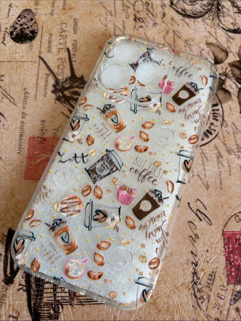 SHEIN Coffee Cup Glitter Clear Phone Case - White, Pink, Gold Accents